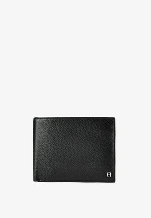 Black textured leather bifold wallet with a small silver logo on the bottom right corner on a white background.