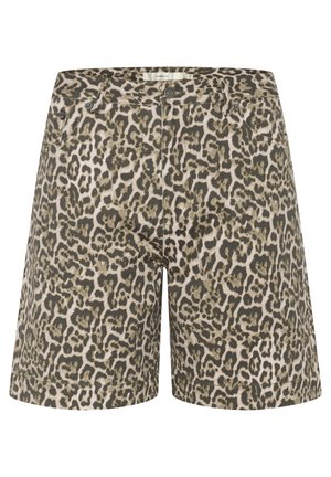 Shorts en imprimé léopard beige et vert olive, fabriqués à partir d'un tissu léger. Dotés de poches avant et d'une fermeture à bouton.