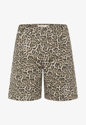 Shortsit, joissa on leopardinprintti vaaleanbeigeinä ja oliivinvihreinä, valmistettu kevyestä kankaasta. Mukana etutaskut ja nappisulku.