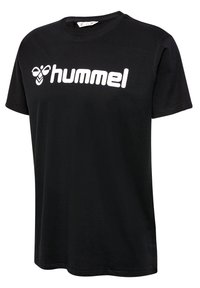 Svart kortärmad t-shirt med vit "hummel"-logotyp och stiliserad bi-grafik centrerad på bröstet.
