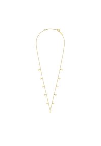 Collar dorado con una cadena delicada, que presenta acentos en forma de gota y estrella, creando un diseño en forma de v. Cierre de gancho simple.
