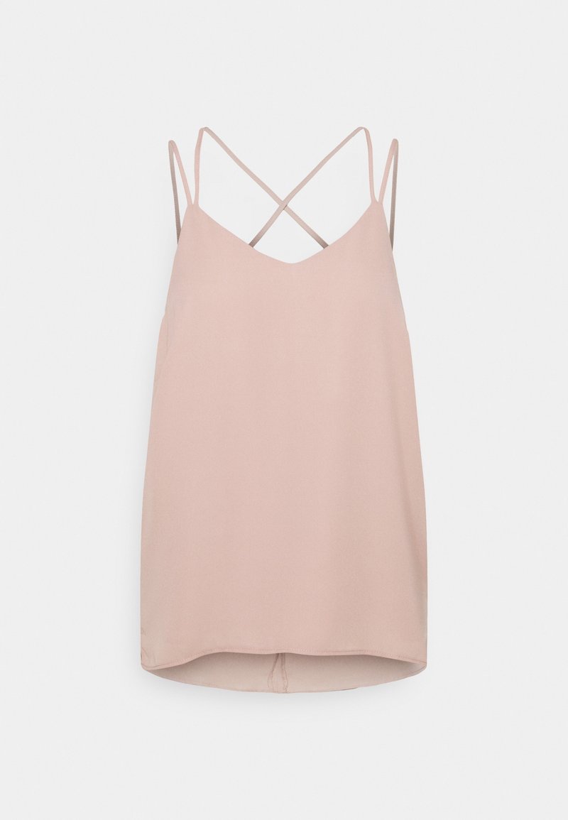 Blouse sans manches rose clair avec fines bretelles croisées dans le dos, présentée sur un fond blanc uni.