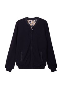 Pullover zip in navy scuro con superficie tessurizzata, polsini a costine e tasche laterali; presenta un rivestimento interno con motivo floreale.