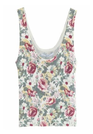 Blommig ribbad linne i ljusgrått med rosa, gula och gröna blommor; rundad halsringning; mjuk textur; etikett sydd inuti i mitten.