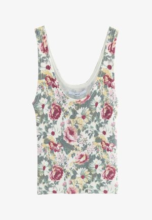 Blomstermønstret ribbet top i lys grå med pink, gul og grønne blomster; rund halsudskæring; blød tekstur; mærke syet indeni i midten.