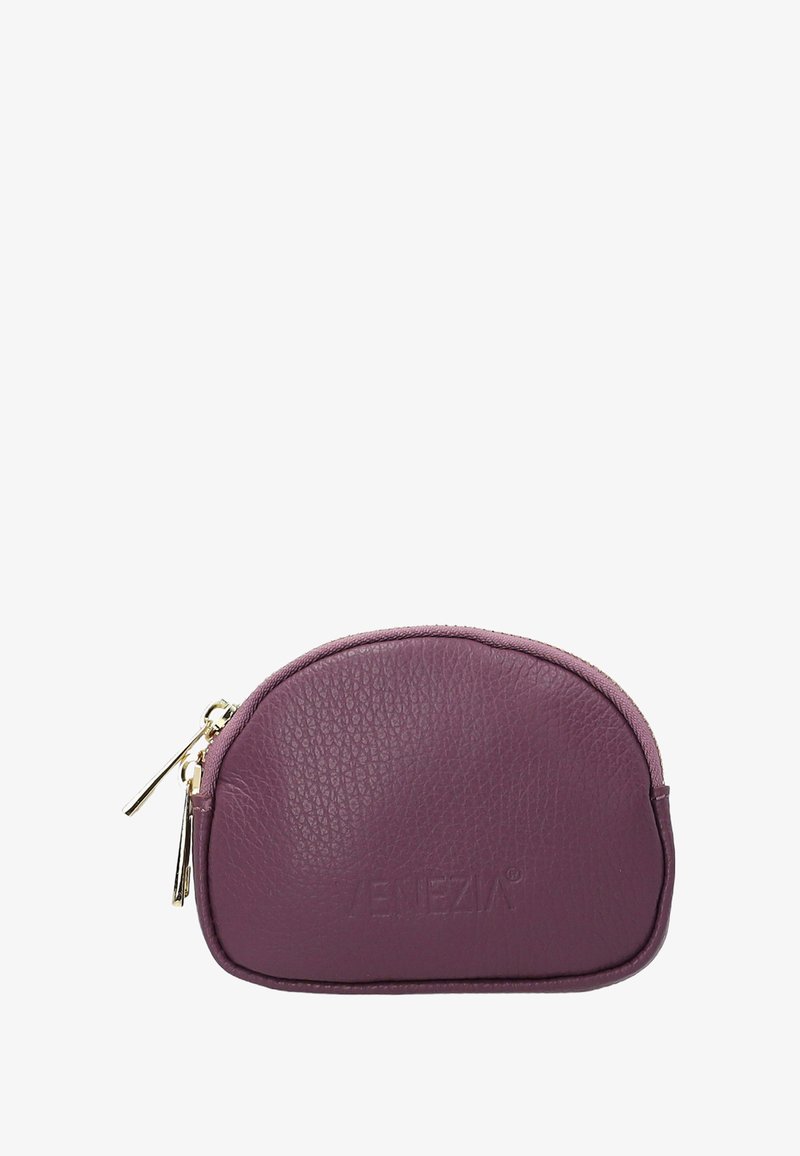 Purple leather coin purse with a rounded shape, textured surface, zip closure, and gold-tone hardware. Brand name embossed on the front.