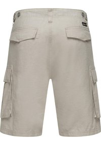 Pantaloni cargo beige con una vestibilità rilassata, dotati di tasche laterali, tasche posteriori, chiusura con bottone e una texture di tessuto liscia e leggera.