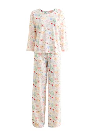 Lichtgekleurd pyjama set met lange mouwen met rode, blauwe en gele bloemen- en letterprints op top en broek.