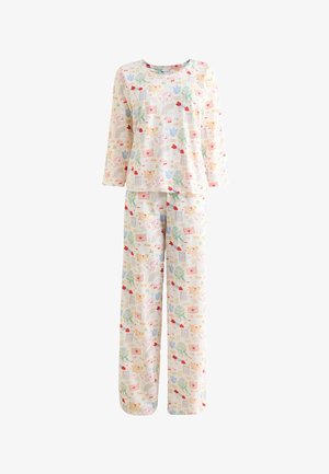Conjunto de pijama de manga larga de color claro con estampados de flores y letras en rojo, azul y amarillo en la parte superior y los pantalones.