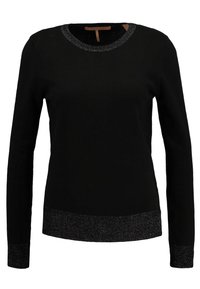 Zwarte longsleeve trui met een ronde halslijn, voorzien van een glanzende, gestructureerde zwarte rand bij de kraag en manchetten, en een aansluitende pasvorm.