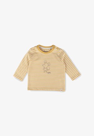 Langärmeliges Baumwollhemd in Gelb und Weiß mit Streifen, das eine Mausgrafik und Druckknopfdetails an der Schulter aufweist.