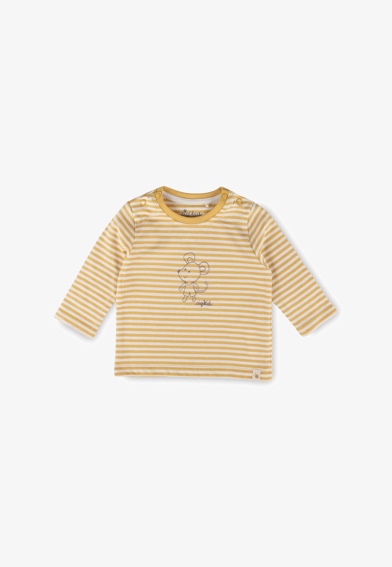 Langärmeliges Baumwollhemd in Gelb und Weiß mit Streifen, das eine Mausgrafik und Druckknopfdetails an der Schulter aufweist.