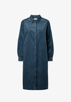 Tumesinise sametpükskostüümkleit kraega kaeluse, ees oleva nööpide sulgemise, pika varrukaga ja rinnataskuga. Vertikaalne ribiline tekstuur.