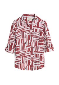 Camisa a rayas rojas y blancas con cuello, botonadura frontal y mangas remangadas; presenta un diseño de tela texturizada.