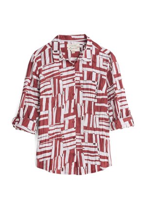Camicia a righe rosse e bianche con colletto, apertura con bottoni e maniche arrotolate; presenta un design in tessuto testurizzato.