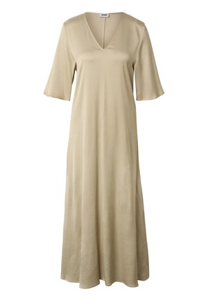 Beige, midi-lang kjole med halvlange ærmer og V-hals, lavet af glat, let skinnende stof, mærket Drykorn.