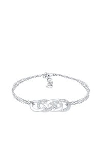 Silverarmband med en sammanflätad knutdesign, prydd med klara kristaller inbäddade i mitten. Texturerad kedjestring med spänne.