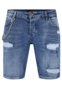 Denim šorti gaismas zilā tonī, ar nolietotiem elementiem un saplēstu audumu. Iekļauta sudraba ķēdes akcenta detaļa uz priekšējās jostas cilpas.