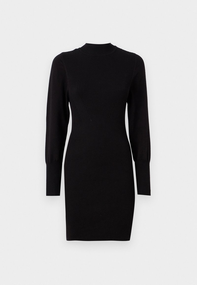 Zwarte geribbelde gebreide jurk met een ronde halslijn, lange mouwen en een aansluitende vorm, met subtiele verticale lijnen en taps toelopende manchetten.