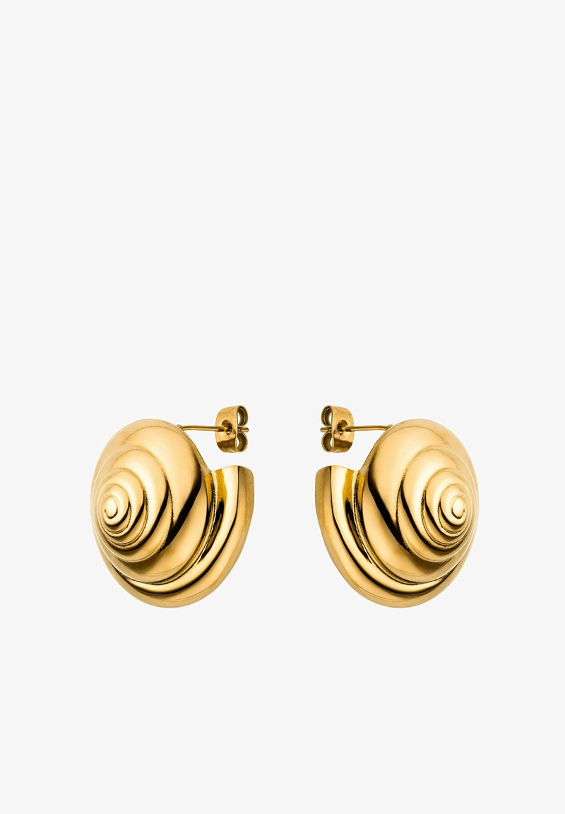 Vergoldete Ohrringe in Form von spiralförmigen Muscheln, mit einer polierten Oberfläche und einem sicheren Stecker-Verschluss.