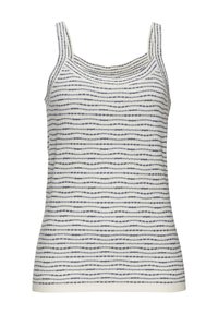 Top a maniche corte in maglia senza maniche di colore bianco sporco con motivo a onde blu. Texture liscia, scollatura rotonda e spalline sottili.