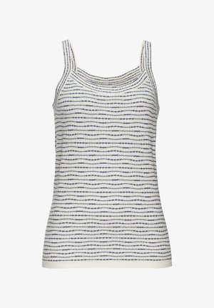 Débardeur en tricot sans manches en blanc cassé avec un motif de vagues bleues. Texture lisse, encolure arrondie et bretelles étroites.
