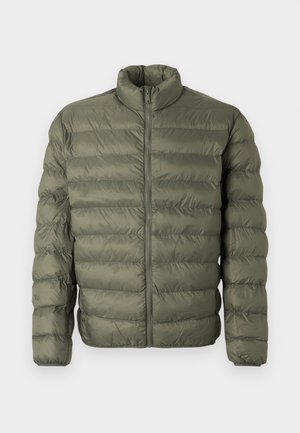 Olive green, quilted puffer jacket with long sleeves, high collar, and front zipper closure.