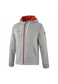 Sweat à zip gris avec doublure orange, capuche à cordon de serrage, poches avant et détail de logo. Fabriqué à partir d'un matériau doux semblable à du jersey.