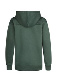 Tmavě zelená mikina s kapucí, hladkého povrchu, vybavená klokankovou kapsou a ribbovými manžetami. Zadní strana je jednoduchá, bez grafiky nebo vzorů.