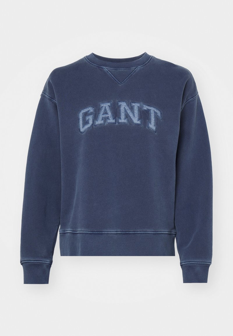 Granatowy sweatshirt wykonany z bawełny, z prążkowanym dekoltem okrągłym, długimi rękawami, elastycznymi mankietami oraz haftowanym logo "GANT" z przodu.