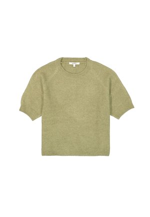 Pull à manches courtes en tricot doux, vert pastel. Il présente un col rond, des bords côtelés et une coupe décontractée avec des manches raglan.