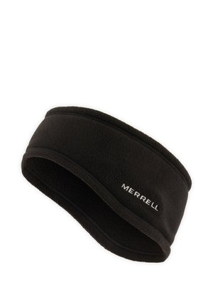 Cinta para la cabeza calentadora de orejas de forro polar negra con el logo "Merrell" bordado en blanco en un lado.