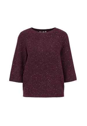 Maglione a maglia bordeaux con maniche corte, caratterizzato da una trama maculata di fili rosa e metallici. Collo a giro classico e vestibilità relax.