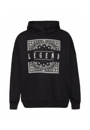 Black hoodie featuring a large decorative white graphic with the word "LEGEND" centered, textured fabric, and a kangaroo pocket.