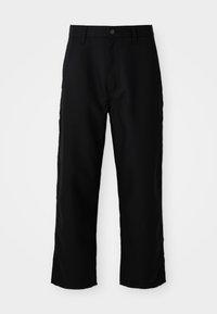 Black straight-leg pants with belt loops, front button, and zip closure on plain light background.
