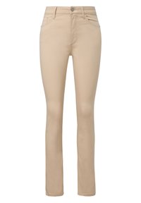 Jeans elásticos de color beige con un corte slim, que presentan una cintura de altura media, diseño de cinco bolsillos y una textura suave y ligeramente brillante.