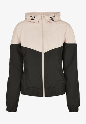 Čierna a svetloružová zapínacia bunda s kapucňou, s raglánovými rukávmi, elastickými manžetami a spodným lemom a kontrastným blokovým dizajnom.