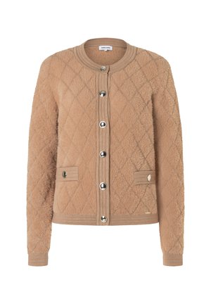 Beige quilted textured cardigan with long sleeves, ribbed collar and cuffs, front metal buttons, and two buttoned flap pockets.