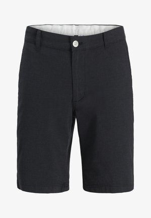 Meeste tumesinised vabaajajalanõud, millel on nööp-kinnitused, vööaugud ja külgtaskud, esiküljelt valgel taustal.