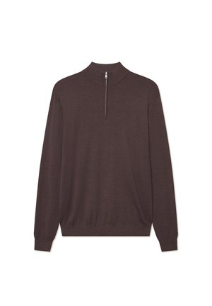 Hnedý pulóver s dlhým rukávom a golierom so štvrťzipsom, s rebrovanými manžetami a spodným lemom. Vyrobený z hladkého, ľahkého materiálu. Jednoduchý dizajn.
