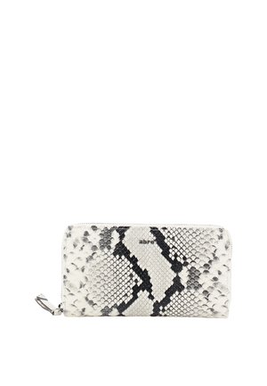 Geldbörse mit Python-Prägung in Weiß und Schwarz. Verfügt über einen Reißverschluss, strukturierte Schuppen und einen Reißverschlussanhänger aus silberfarbenem Metall.