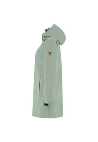 Veste de pluie vert clair avec capuche, manches longues, poches latérales zippées et poignets ajustables. Texture lisse et matériau imperméable.