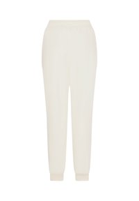 Lichte crèmekleurige joggerbroeken met een zachte textuur, elastische tailleband en aansluitende boorden; eenvoudig ontwerp zonder zichtbare patronen of accenten.