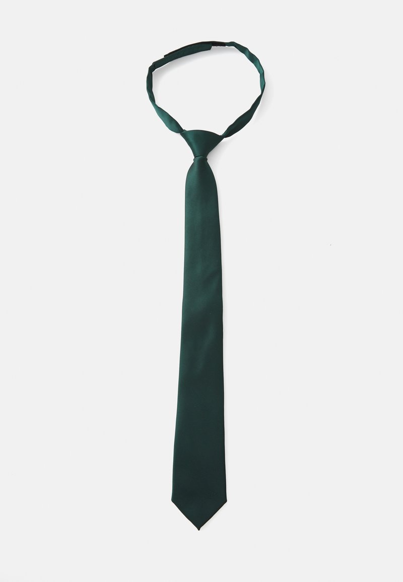 Dark green satin tie with a smooth texture, slim shape, and pointed tip. Features an adjustable neckband for convenience.