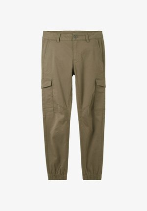 Kaki cargo hlače s ožjim krojem, ki imajo elastične manšete, dve stranski žepi in dva sprednja cargo žepa. Narejene so iz trpežnega materiala.