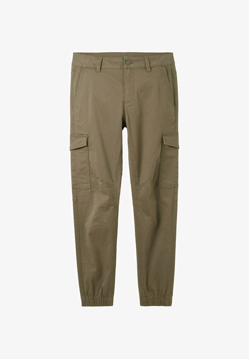 Khaki cargo kalhoty s úzkým střihem, elastickými manžetami, dvěma bočními kapsami a dvěma předními cargo kapsami. Vyrobeno z odolné tkaniny.
