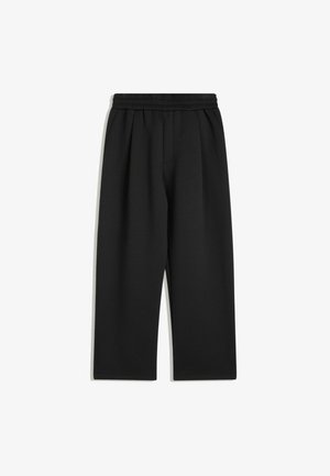 Black wide-leg pants with elastic waistband and side pockets, displayed flat on a white background.
