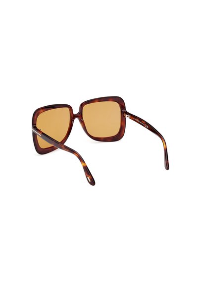 Ochelari de soare tortoiseshell maro cu lentile pătrate, având lentile de nuanță chihlimbar și brațe elegante, late. Remarcabili pentru designul lor robust.