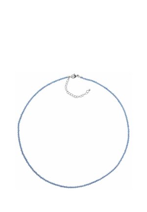 Thin necklace with small round light blue beads and a silver lobster clasp with an adjustable chain extender on a white background.