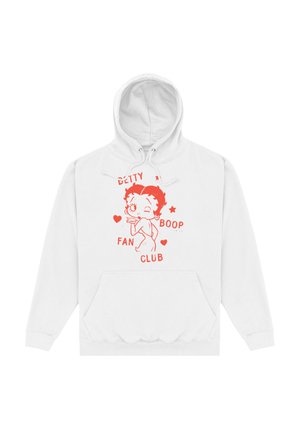 Hvid hoodie med et rød grafisk design af en tegneseriefigur med teksten "Betty Boop Fan Club" og hjerter. Kangaroo-lomme foran.